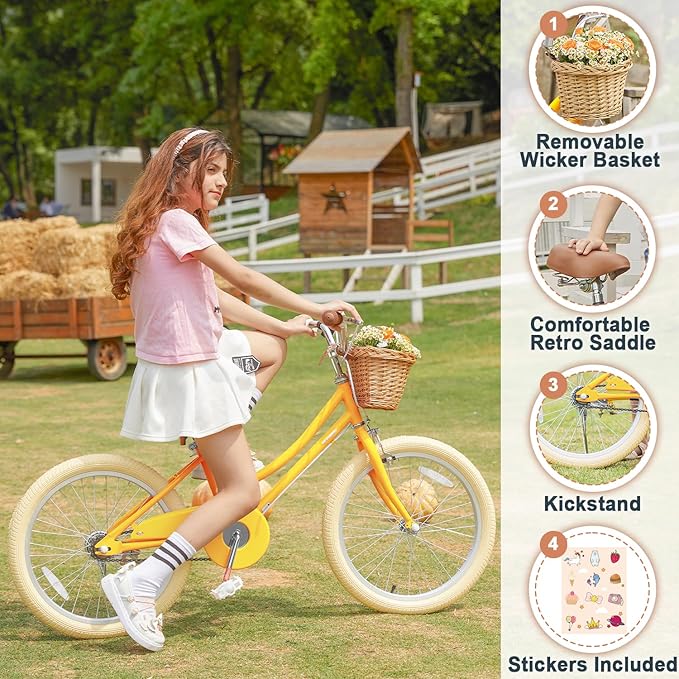 Petimini Vintage Kids Bike for Girls, 12–20 Inch Classic Bicycle with Wicker Basket & Bell, High Tensile Steel Frame, Training Wheels (12–18”), 85% Pre-Assembled, Retro Bike for Outdoor Riding