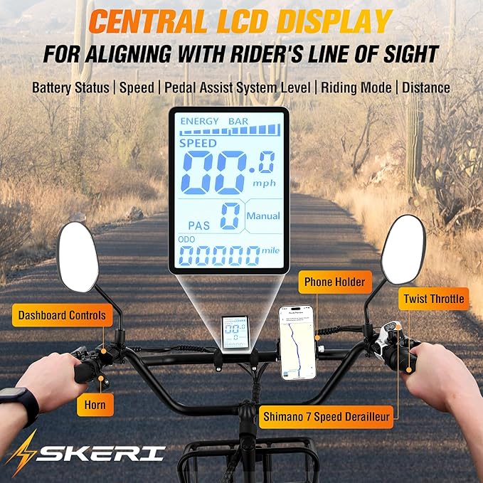 Skeri Electric Tricycle for Adults, 750W(Peak 1350W) Motor Etrike, 20"x4" Folding Fat Tire Electric Trike, 48V13Ah Battery, 3-Wheel Electric Bike, 20MPH, Front & Rear Basket & Differential