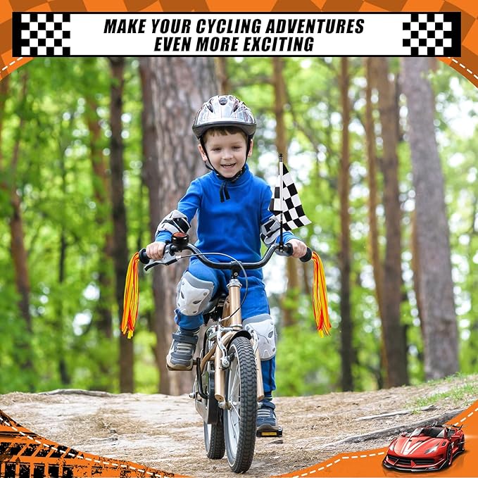 Liliful 5 Pcs Kids Bike Accessories Sets Include 2 Pcs Flame Bike Tassel Streamers Bell 2 Black and White Checkered Flags Pinwheel Toddler Kids Boys Girls Gift Decoration Kit