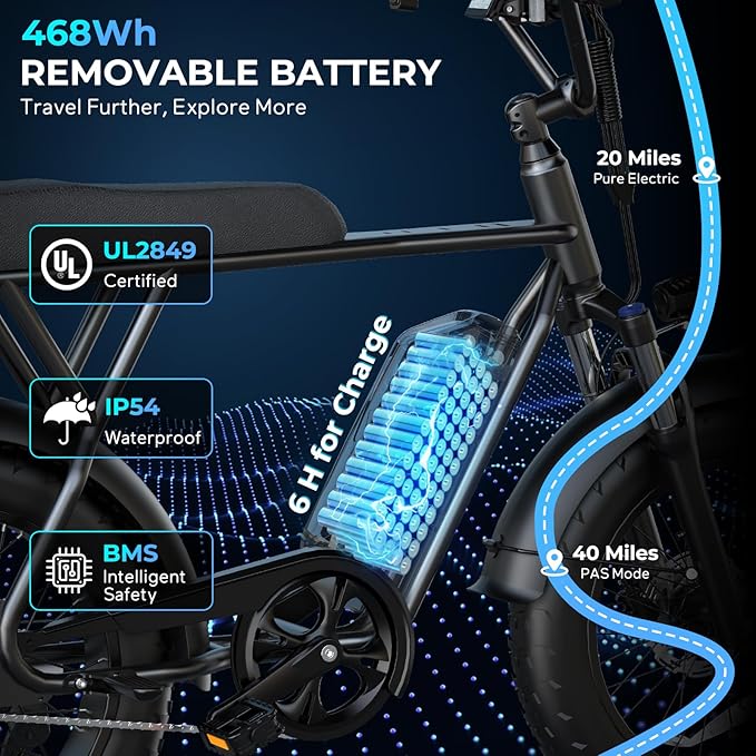 T63 Multi-Color Electric Bike for Adults & Teens, 1000W Peak Motor, 20MPH 468Wh Remove Battery,20"x4"Fat Tire Ebike, Moped Style Comfortable Electric Bikes,Long Seat E Bikes for All-Terrain