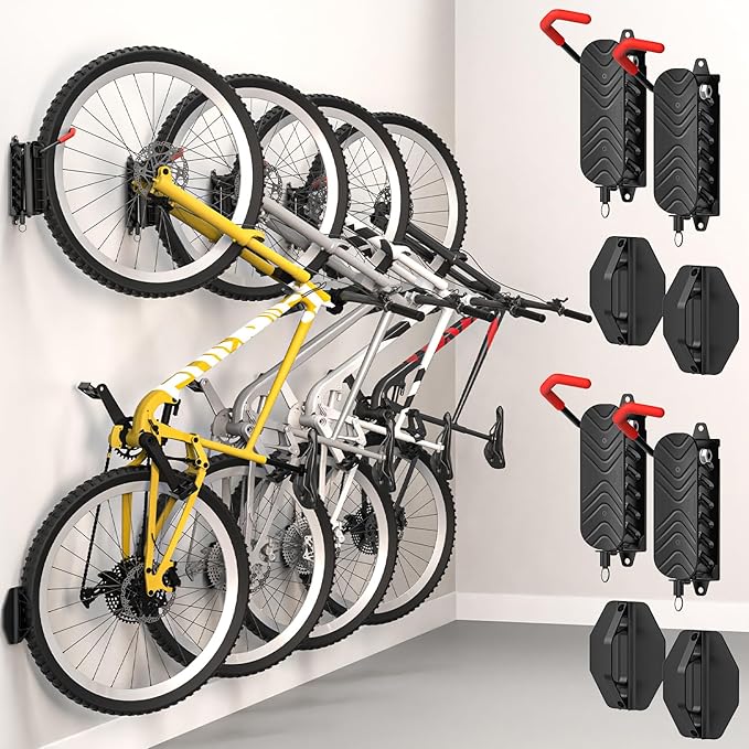 Swivel Bike Wall Mount Bike Rack Garage Organizer, Vertical Bike Hanger for Bicycle Rotating Wall Rack, Easy Installation with Wheel Hook (4 PACK)