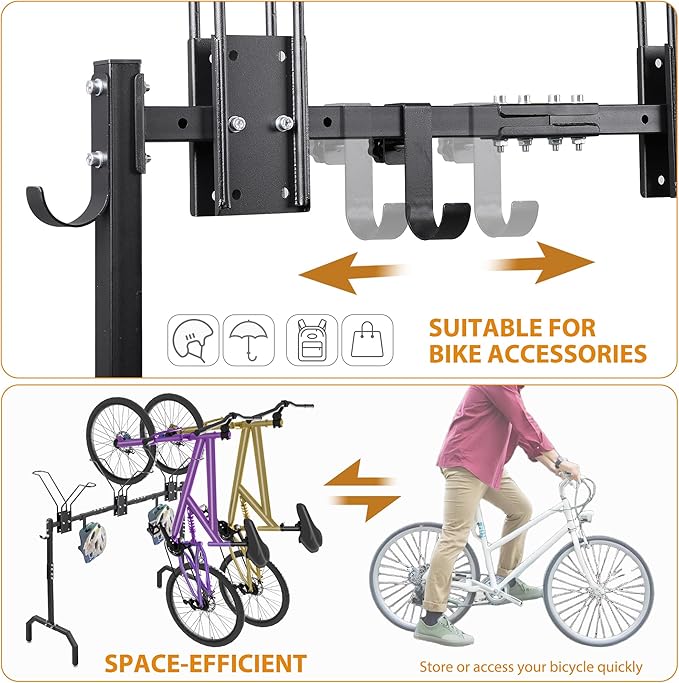 Cycle Storage Organizer Rack for 3 Bikes, Portable Bicycle Parking Rack with 4 Hooks, Bikes Floor Stand for Garage/Home/Indoor/Outdoor Use
