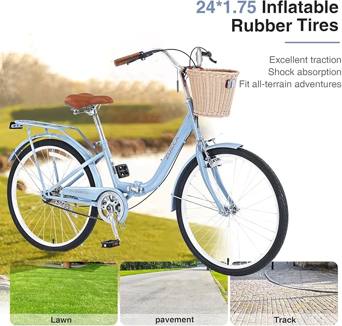 24/26 inch Female Bicycle Single Speed Folding Lady Bike, Durable Steel Frame,Compact Design for Easy Storage and Commuting Multi Color