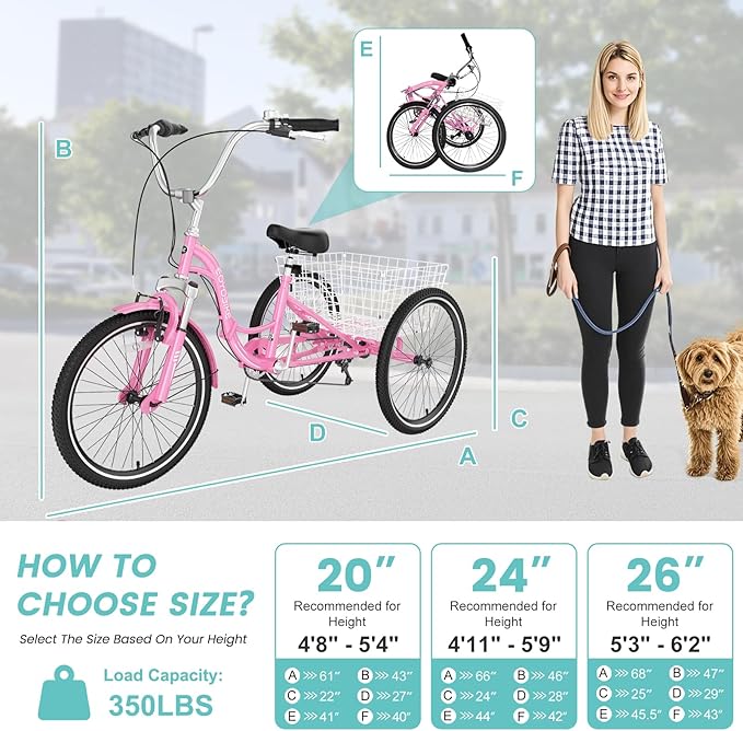 LILYPELLE Adult Folding Tricycles, 7 Speed Folding Adult Trikes, 20/24/26 inch 3 Wheels Bikes with Low Step-Through, Large Basket, Foldable Tricycle for Adults, Women, Men, Seniors
