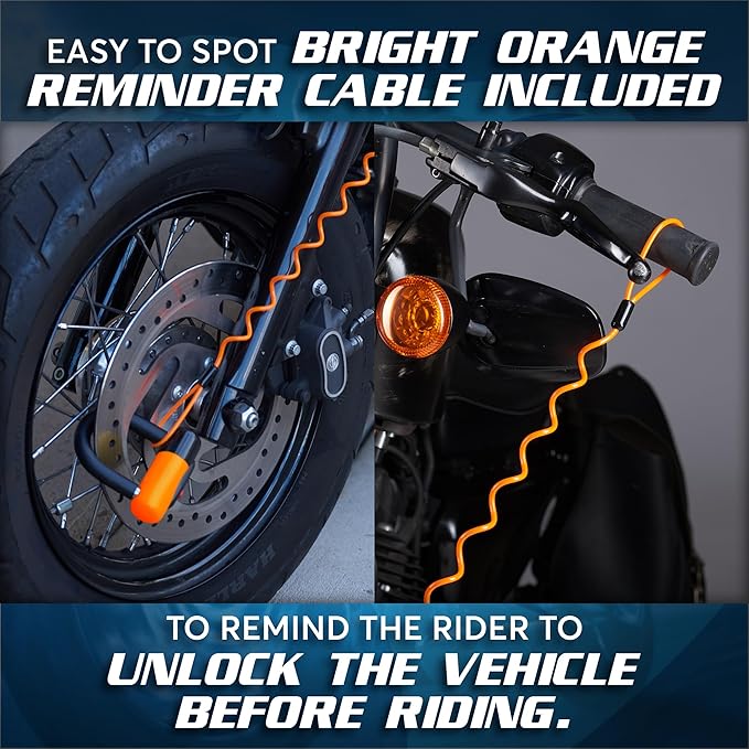 Anti Theft Motorcycle Disc Lock - Heavy Duty Bike Lock with Reminder Cable & Carry Pouch - Universal Fit Disc Brake Lock for Motorbikes, Scooters, and Mopeds (Orange)