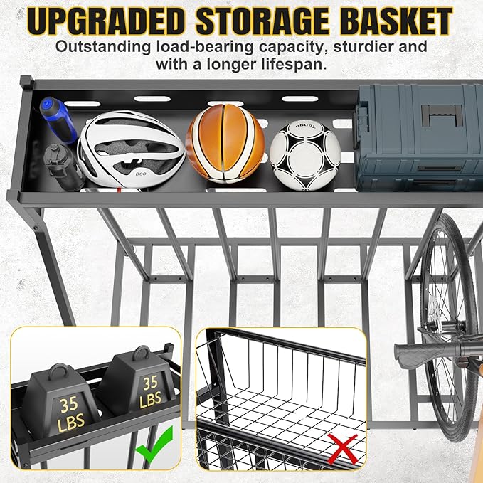 4 Bike Stand Steady Bike Rack Garage with Baskets Storage Indoor Bike Storage Rack Metal Floor Bicycle Station for Parking Suitable for Mountain, Hybrid, Adult and Kids Bikes