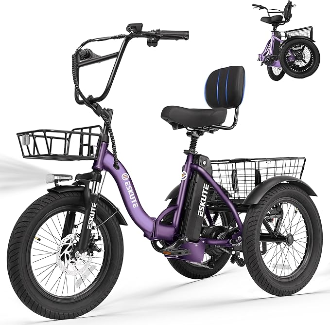 T300 Adults Electric Trike Bike, 1200W Peak Motor & 624Wh Removable Battery,18x3.0 Fat Tire Foldable 3-Wheel E-Bike with Step-Thru Design, Up to 65 Miles, Gift for Parents