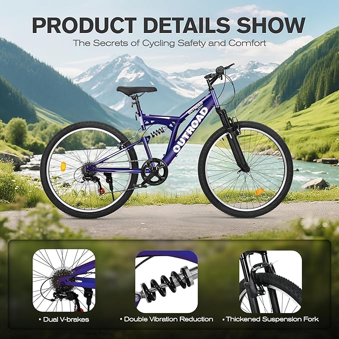 Mountain Bike for Adult Men Women, 26 Inch 7 Speed Mountian Bicycle with Dual Full Suspension, Dual V Brake MTB Bicycle, Multiple Colors