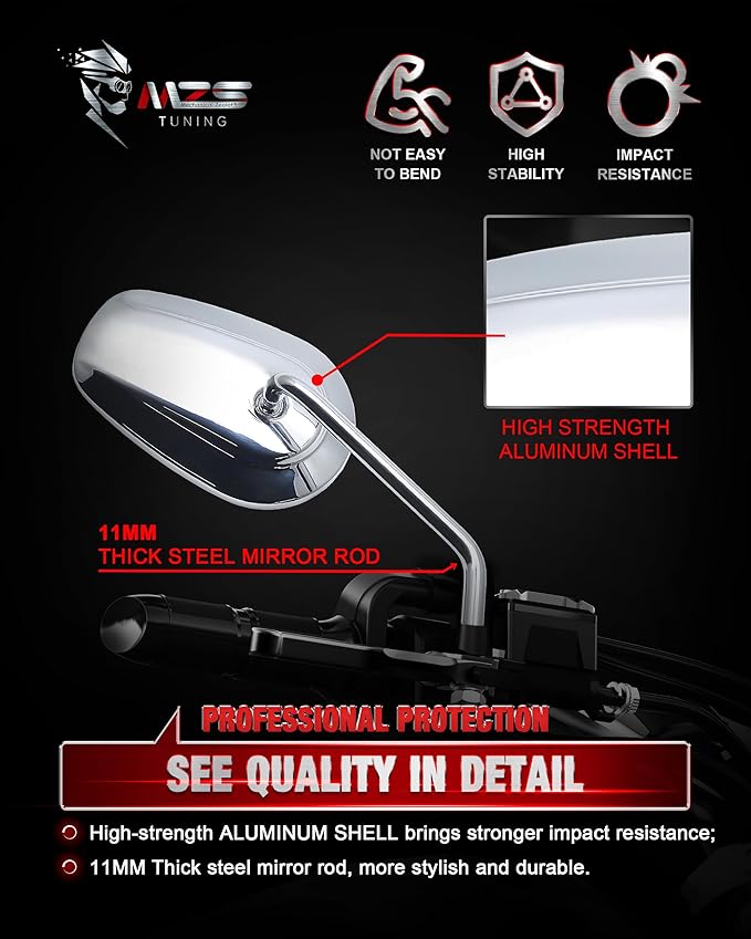 MZS Motorcycle Mirrors Chrome, M8 Touring Rear View Side Mirror Heavy Aluminium Compatible with Dyna Softail Sportster 883 1200 Road Glide King Street Glide Electra Ultra Tri CVO Vrod Ultra 1982-2025