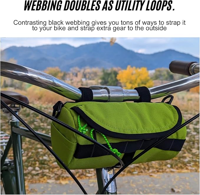Handlebar Bag (Ski Lime Green) | 2 Liter Capacity | Spacious Bike Bag w/ 2 Extra Long Buckle Straps & 1 Hook-and-Loop Strap | Water Resistant Front Basket | Bike Accessories | Made in USA