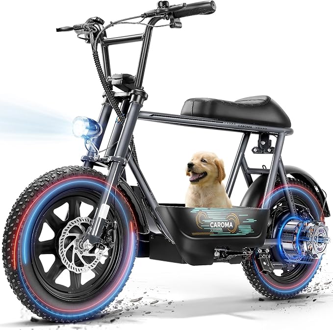 Caroma Peak 1200W/1000W/800W/500W Electric Scooter with Seat,16"/20" Fat Tire Ebike All-Terrain,Max 30Miles&20MPH Electric Scooter Adults,Electric Motorcycle Adults with Storage Basket for Cargo&Pets