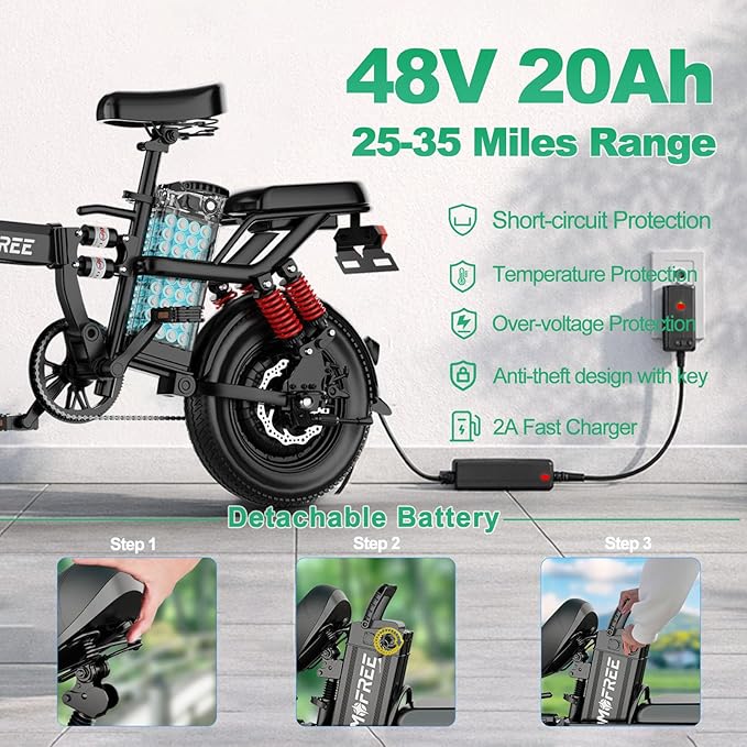 Tomofree Folding Electric Bike for Adults 20-24MPH Peak 750W EBike, 48V 20AH Removable Battery for Electric Bicycles, 40Miles Max Range, 10 Shock Absorbers, 14'' Fat Tire Foldable E-Bike, PAS E Bike