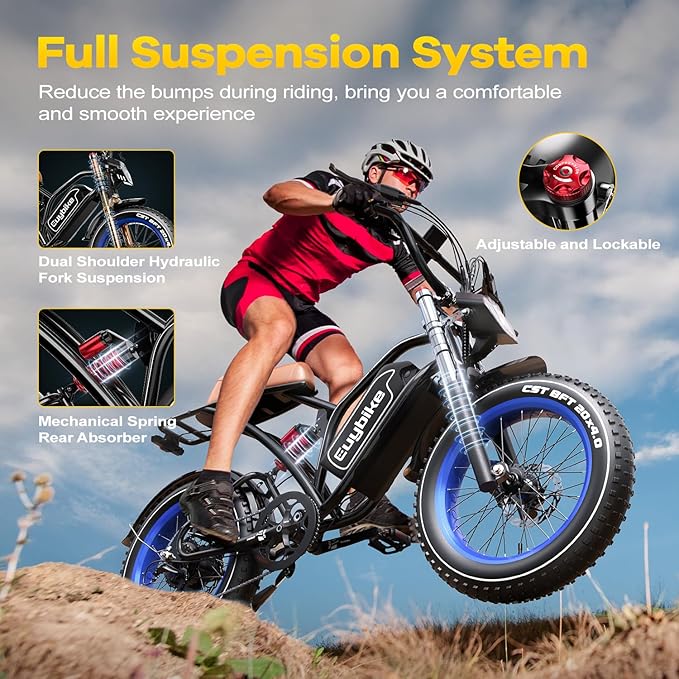 EUYBIKE Electric Bike for Adults, 2000W/3000W Peak Single/Double Motor with 48V/52V 25AH/30AH Battery, 20"x4.0" Fat Tires 35MPH/37MPH Ebike, Dual Hydraulic Disc Brake Full Suspension Electric Bicycle