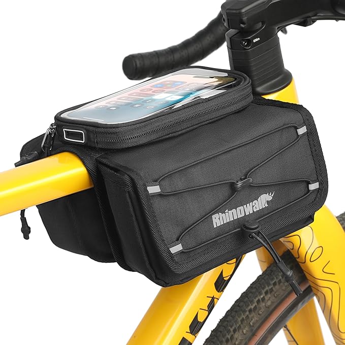 Rhinowalk Bike Top Tube Bag with Touch Screen Phone Pouch - Bicycle Frame Bag with Phone Holder, Double Side Pannier Zipper & Magnetic Closure (Black)