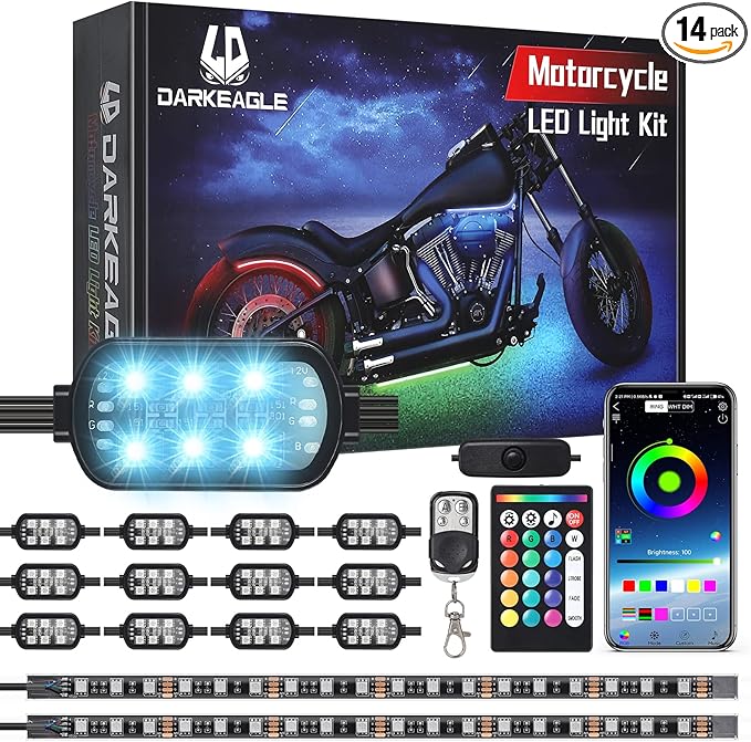14PCS Motorcycle RGB LED Light Kit with Brake Turn Signal, Underglow Lights with APP/RF Remote,Neon Accent Light MultiColor Dual Zone Waterproof 12V for Sport Bike, Cruiser, Street&Off-Road Motorcycle