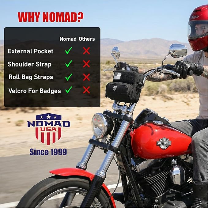 Nomad Motorcycle Handlebar Bag Universal Fit Bike Fork Bag Converts to Shoulder Carry Bag, Keys/Phone/Wallet Storage Tool Pouch w/Roll Bag Straps for Cruisers, Dirt Bike, Street Sportsbike (Black)