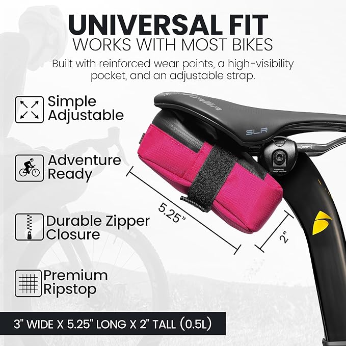 ALMSTHRE Signature Bike Saddle Bag – Passion Pink | 0.5L Bike Seat Bag (3" x 5.25" x 2") | Water-Resistant Ripstop, Waterproof Zipper, Internal Pocket | Durable Under Seat Storage