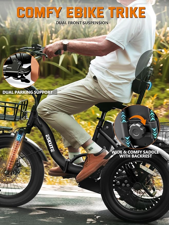 ESKUTE E Trike Electric Bike, Peak 1200W Brushless Motor Folding Trike 18X3.0 Fat Tire Ebike, 624Wh Removable Battery, Step-Thru 3 Wheel Electric Bicycle, Up to 55 Miles, 18MPH+ Tricycle for Adults