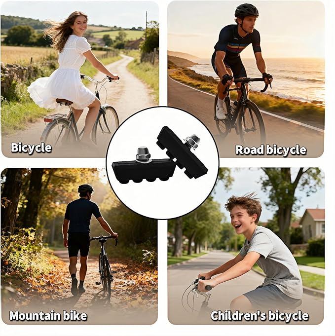 Bicycle Brake Pads 2-Pairs - Road Bike Caliper Brake Pads - Quiet All-Weather Brake Shoes with Quick Mud/Drain Slots - Compatible with Most C-Type Brake Systems (4 Pcs, Black)