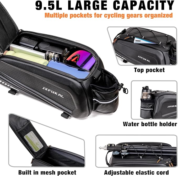 JXFUKAL Bike Bags for Bicycle Rear rack - 9.5L/17L/40L Hard Shell Waterproof Bike Ebike Trunk Pannier Saddle Seat Bag Carrier with Reflector, Rain Cover & Shoulder Strap for Commuter Travel Outdoor