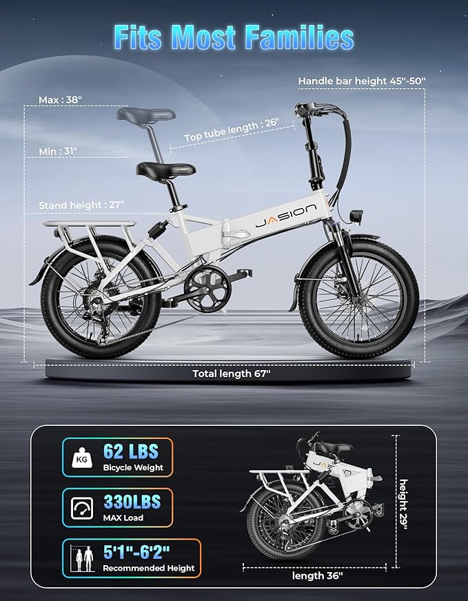Jasion EB7 20" Foldable Electric Bike Fat Tire for Adults, 1200W Peak, 48V Removable UL-Certified Battery, 28MPH 55 Mi Range Commuter Electric Bike with Dual Suspension for City,Beach,Snow,Mountain