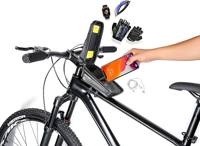 Bike Frame Bag, Bike Handlebar Bag, Waterproof Cycling Front Top Tube Pouch Pannier Bicycle Phone Mount Holder Cycle Crossbar Storage Bags for iPhone 16 15 14 13 12 11 Pro Max Smartphone Below 6.9''