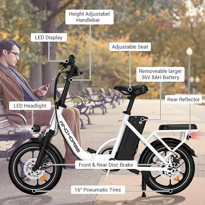 RIDWIND 16" Folding Electric Bike Adults, Peak 630W Adult Electric Bicycles, Up to 25 MPH and 35 Miles Foldable Ebikes, Electric Bike for Teens with 36V 8Ah Removable Battery, UL2849 Certificate