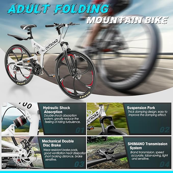 26" Foldable MTB – 21-Speed Full Suspension, High-Carbon Steel Frame, Dual Disc Brakes & Quick-Release Tires – Adults & Teens (Multiple Colors)