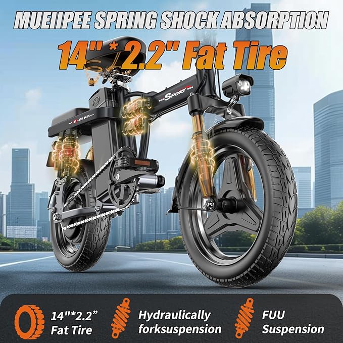 Electric Bike for Adults Teens, 1200W Peak Motor, 25MPH Folding E-Bike, 480/720Wh Battery, 45 Miles Range, Advanced 6/8 Point Suspension, 14" Compact Electric Bicycle with Pedals for Commuting