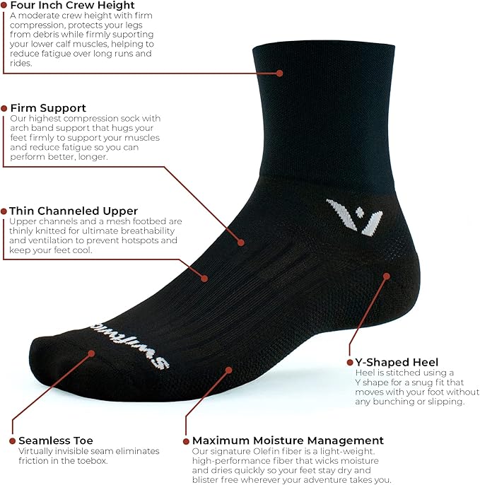 Swiftwick ASPIRE FOUR Trail Running, Cycling Crew Socks, Firm Compression Fit