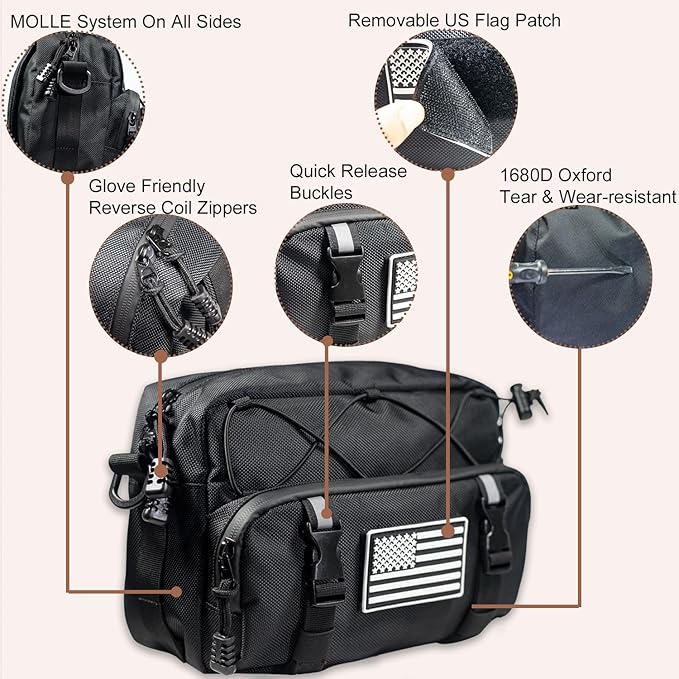 Universal Black Motorcycle Handlebar Bag - Water-resistant American Flag 1680D Tool Bag for Motorbike, Cruiser, Softail, Dyna, Sportsters, Dirt Bike, ATV