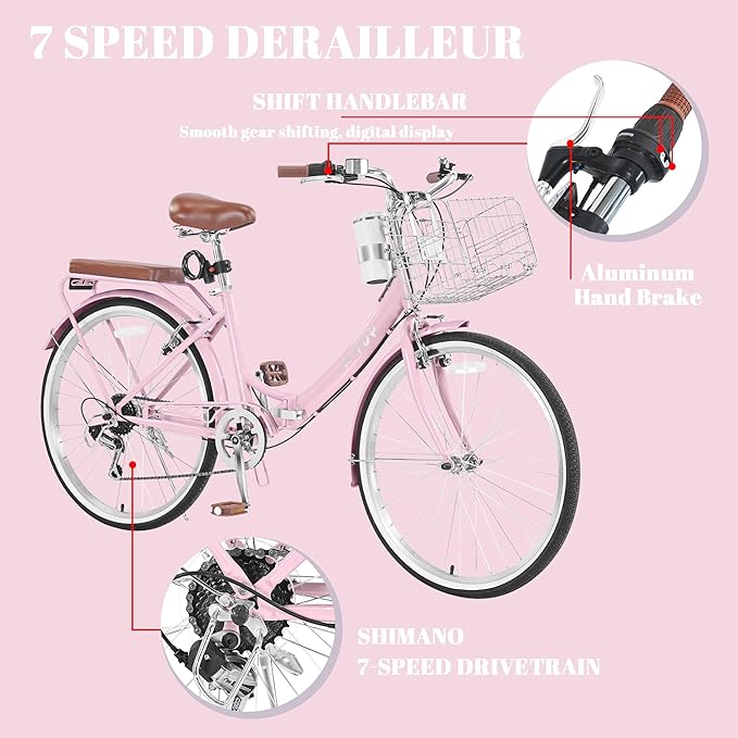 24/26 Inch Beach Cruiser Bike for Women Folding Bikes, 7-Speed Womens Bike with Basket and Coffee Cup, Womens Foldable Bicycle Commuter Bikes for Adults, Adjustable Seat & Dual V-Type Brakes