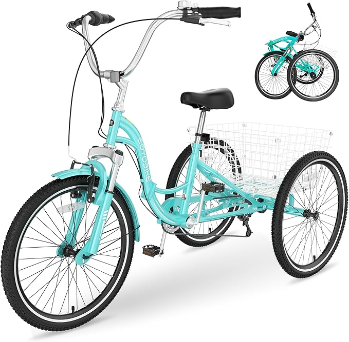 Slsy Adult Folding Tricycles, 7 Speed Folding Adult Trikes, 20 24 26 Inch 3 Wheel Bikes with Low Step-Through, Foldable Tricycle for Adults, Women, Men, Seniors