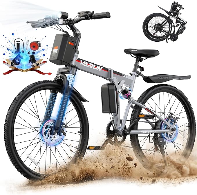 VARUN Folding Electric Bike for Adults - Peak 750W Motor 26" Ebikes, Foldable Electric Bike with 48V Longe Range Battery, Up to 20+MPH 50 Miles, 7-Speed Gears & Dual Hydraulic Suspension