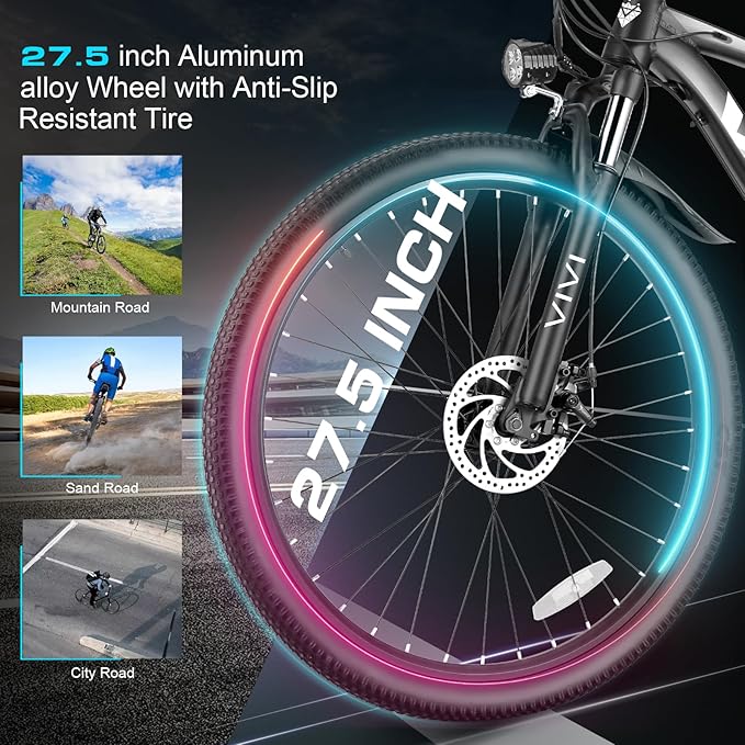 Vivi Electric Bike for Adults, 27.5" Electric Mountain Bike, Peak 1000W Ebike 22MPH Electric Bike with 48V 499.2WH Battery, Up to 50 Miles, 21 Speed Adult Electric Bicycles, SGS Certified to UL2849