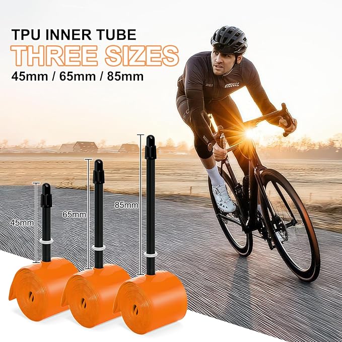 WHEELO 4-Pack TPU 700C×18-32C Bike Inner Tube: Lightweight Road Bicycle Tube with 45/65/85mm Presta Valves (Include 8PCS Bike Tube Patch Repair Kit)