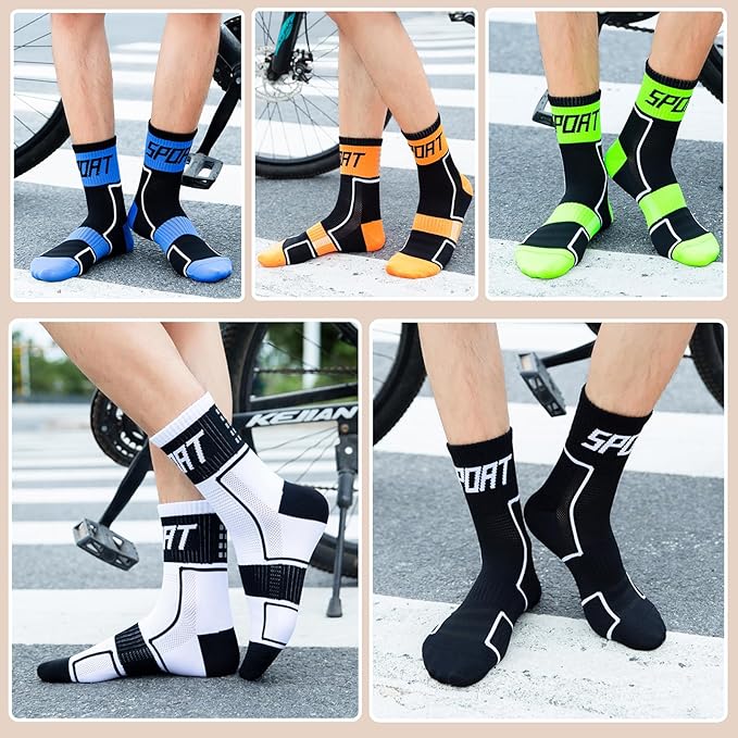 5 Pairs Cycling Socks for Men Compression Athletic Crew Socks Reflective Bike Sock for Hiking Running Climbing Basketball