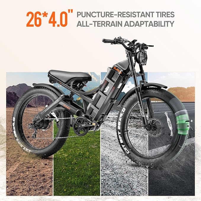 eAhora 2026 Romeo Pro 3 5600W 50Mph High-Torque Ebike, 60V 80Ah 250-Mile Long Range Electric Bike for Adults, Adjustable Air Suspension, 26'' Puncture-Proof Tire, UL 2849 Certified by TÜV