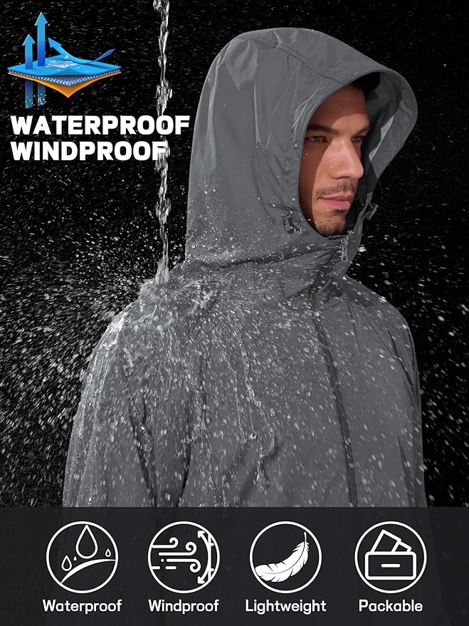 Men's Rain Jacket Windbreaker Waterproof Jacket Raincoat Cycling Running Hiking Gear Hood Lightweight Packable