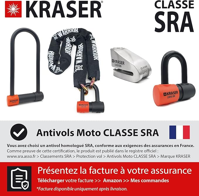 KRASER KR85M Robust U Lock, SRA Approved, High Security Tested, 85X250mm/3.34x9.84in ø18mm/0.7in Double Locking Shackle, Anti-Pick Lock, Anti Theft U Lock for Motorcycle, Scooter, Electric Bike