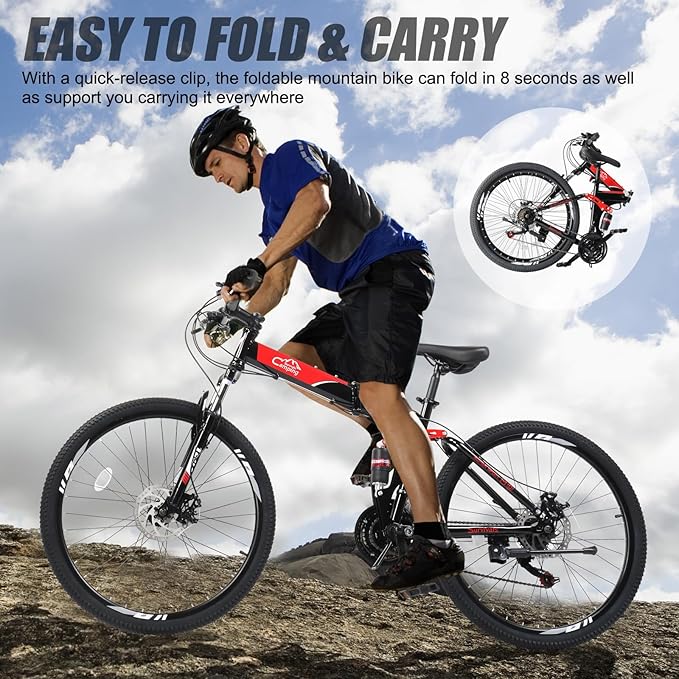24/26/27.5 Inch Foldable Bikes for Adults 21 Speed Mountain Bike, Adult Bicycle with High Carbon Steel Frame, Full Suspension, Dual Disc Brake & Adjustable Ergonomic Seat(Black/Red)