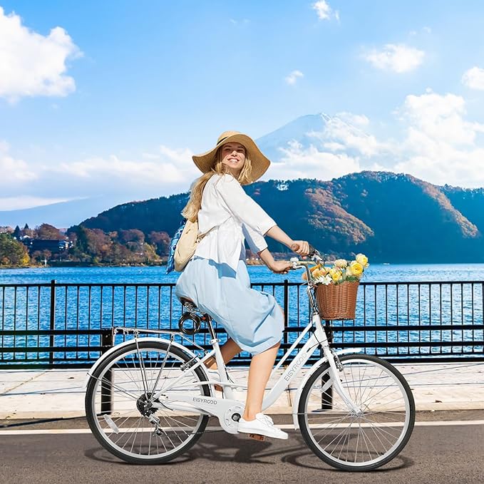 26 Inch Women Beach Cruiser Bike, 7 Speed Hybrid Cruiser Bike with Adjustable Seat, Beach Cruiser Commute Bike with Lightweight, Anti-Skid Tires & V-Brakes for Women (White)