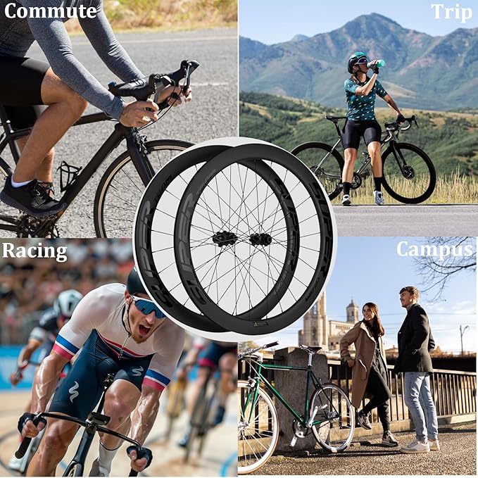 Superteam Carbon Wheelset Disc Brake 700c Road Bike Wheels 45/50/53mm Depth Tubeless Ready Cycling Wheels, for 8-12 Speed Center Lock / 6 Bolt, Thru Axle/QR Type