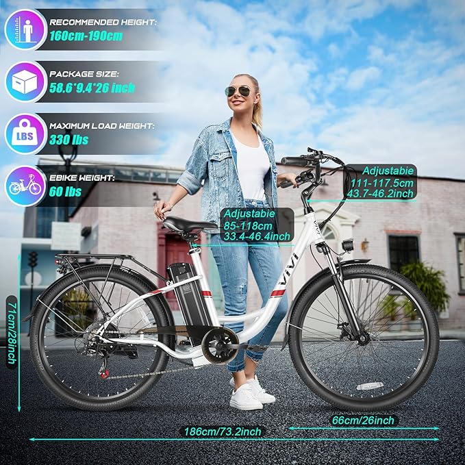 Vivi Electric Bike for Adults 1000W Peak Ebike with Removable Battery, 26'' Electric Commuter Bike 22MPH & 50 Miles Adult Electric Bicycles with Cruise Control, LCD Display, SGS Certified to UL2849