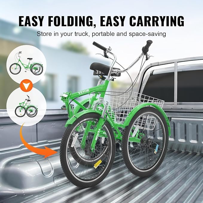 VEVOR Folding Adult Tricycle,Adult Folding Trikes, 3 Wheel Cruiser Bike with Large Basket & Adjustable Seat, Shopping Picnic Foldable Tricycles for Women, Men, Seniors