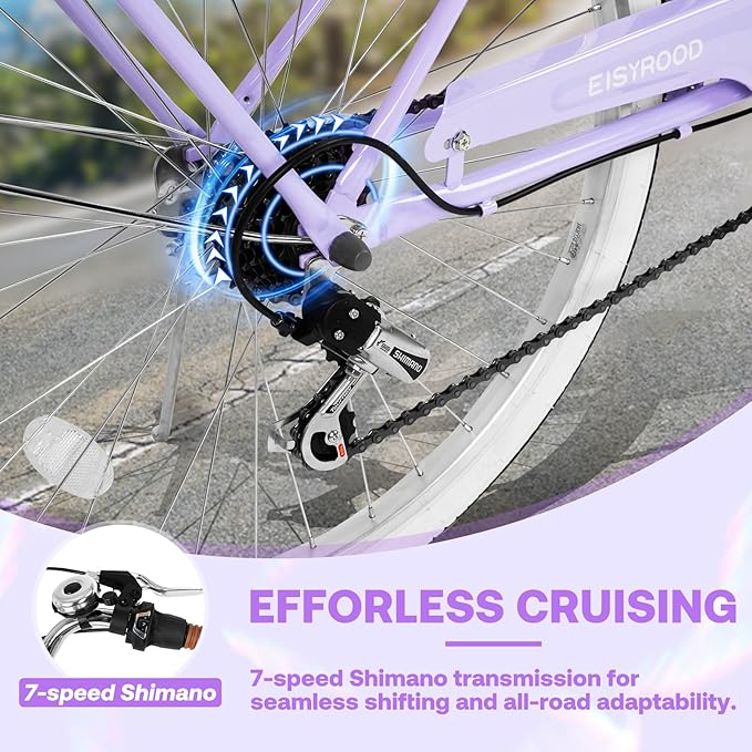 26 Inch Folding Beach Cruiser Bike for Women, 7-Speed Ladies Bike with Basket & Rack, Perfect for City Commuting's Bicycle, Ideal for Women and Adults