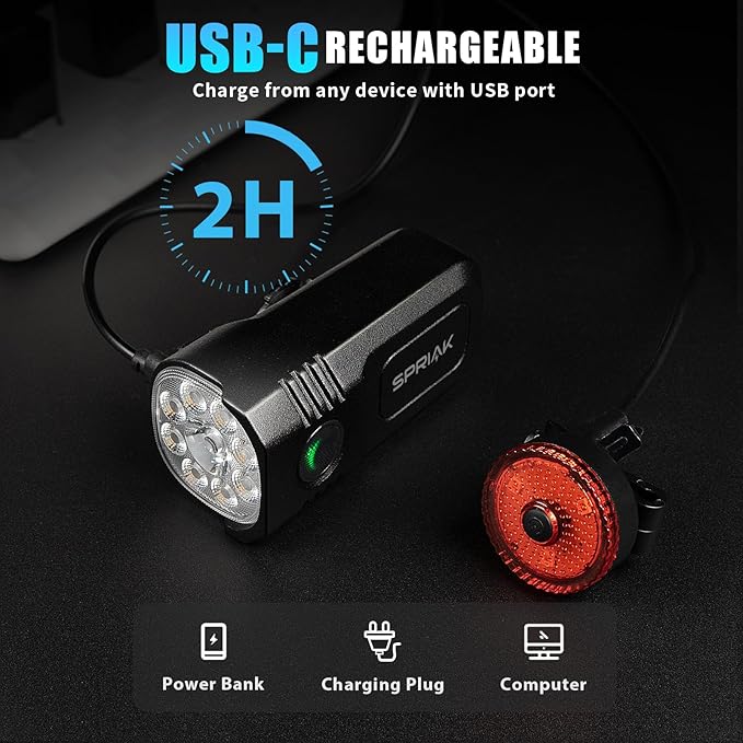 Bike Light for Night Riding, 2500LM Bicycle Headlight & Taillight, Multiple Modes, 3000mAh USB C Rechargeable Waterproof LED Bright Bike Headlights for Cyclists and Road Mountain and Commuters
