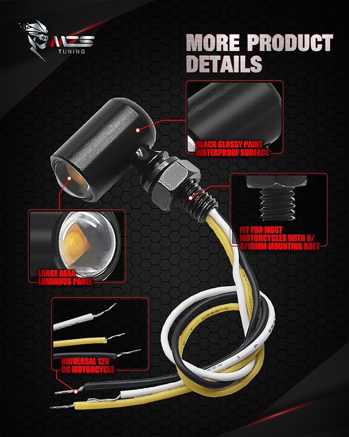 MZS Motorcycle Rear LED Turn Signals, Blue Light Mini Turn Signal Tail Light, Minimalist Design, Universal 6mm Screw Suitable for 6mm/8mm/10mm Hole Compatible with Most Family Motorcycles