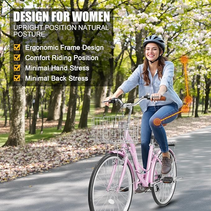 Ktaxon Women Bike 24/26 Inch Bicycles for Women, Beach Cruiser Bike with Premium Derailleur & Shift Lever, Adjustable Seat, High-Carbon Steel Frame and Excellent Welding Technology | Premium Derailleur, Shift Lever, Adjustable Seat