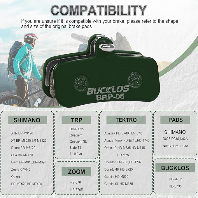 BUCKLOS Bike Disc Brake Pads - Bicycle Disk 4 Piston Pads for Shimano D02S D03S Saint Deore XT XTR SLX Zee/Tektro/TRP for Mountain Bike/Road Bike/Ebike/MTB